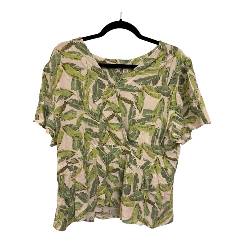 Versona Tropical Palm Leaf Faux Wrap Blouse Green Resort Vacation Top XXL